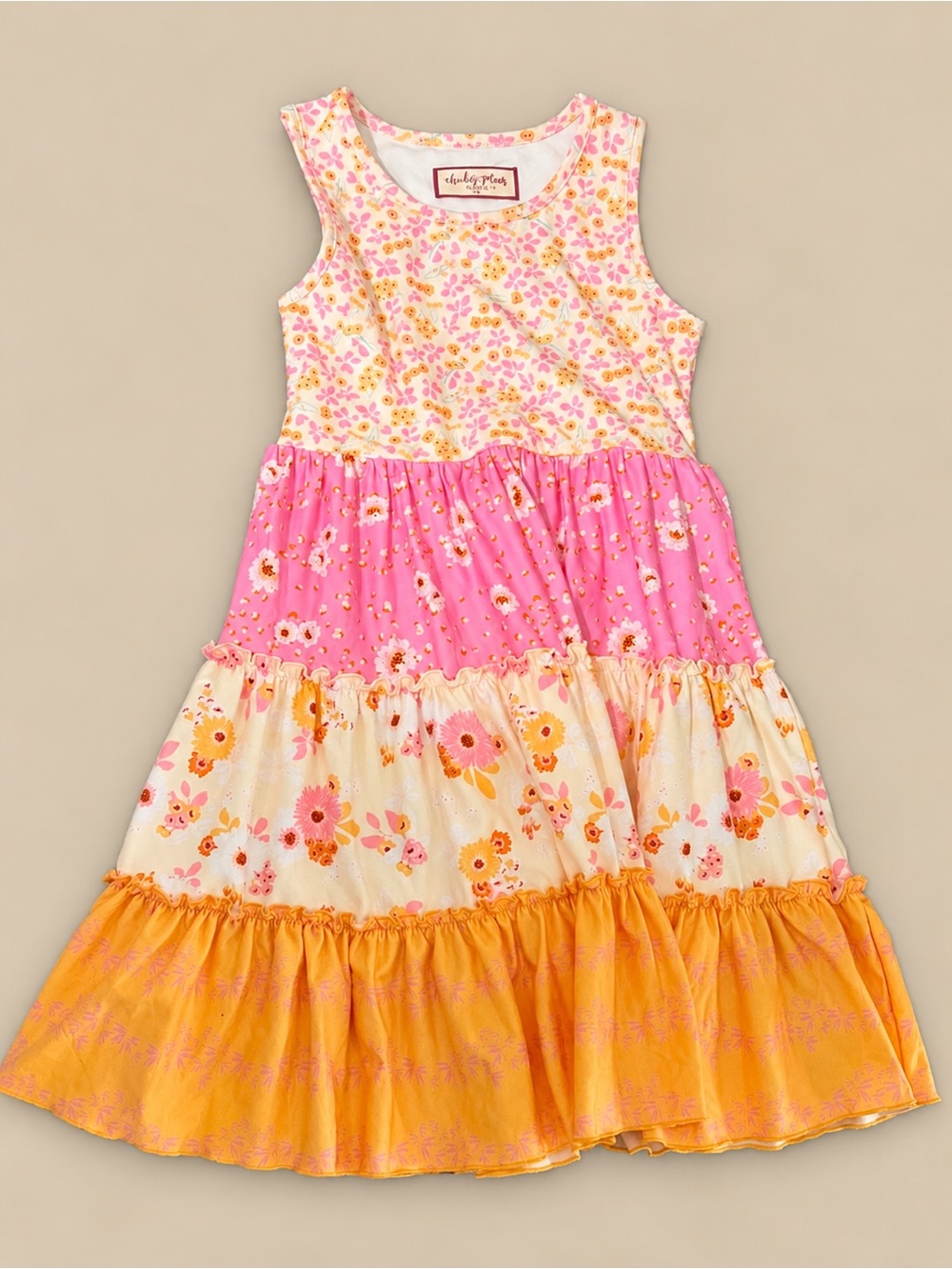 cheeky plum Pink, Cream and Orange Tiered Floral Dress